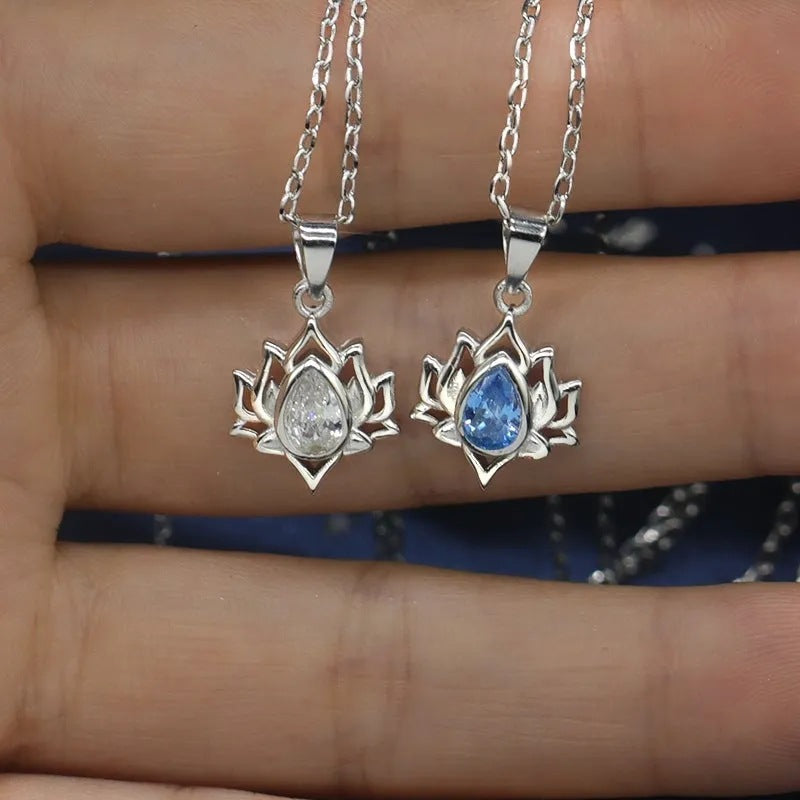925 Sterling Silver Lotus Necklace Pendant with Blue or White Stone