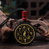 Black Obsidian Pendant Necklace with Buddhist Mantras and Symbols