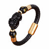 Pixiu Leather Bracelet with Gold-Tone Clasp and Mantra Beads