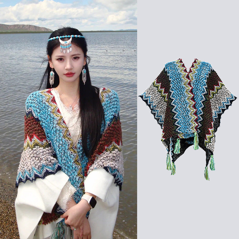 Knit Striped Poncho Wrap with Tassels, Cozy Travel Shawl