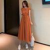 Cotton Linen Midi Dress, Elastic Waist Drawstring Short Sleeve