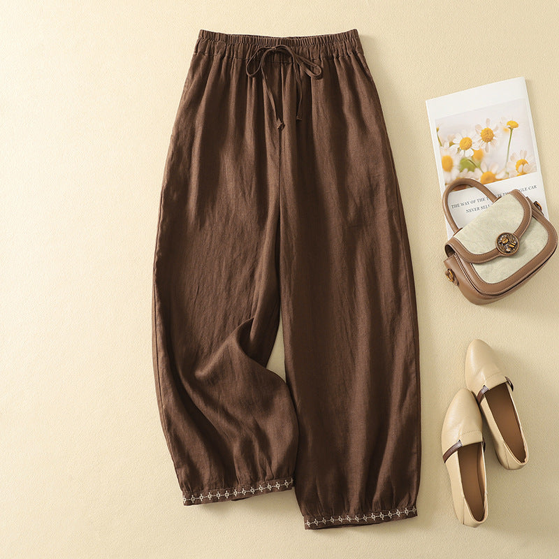 Retro Embroidered Drawstring Pants Women's 7-8 Length Casual