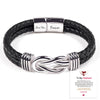 Black woven leather bracelet with silver infinity knot clasp
