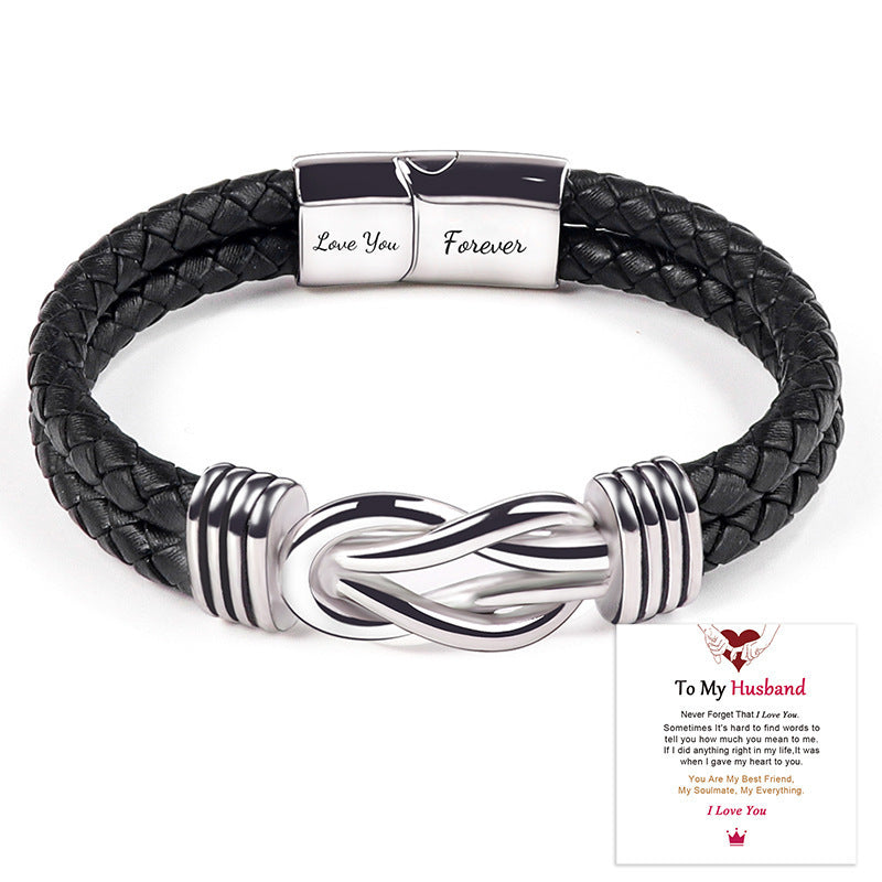 Black woven leather bracelet with silver infinity knot clasp