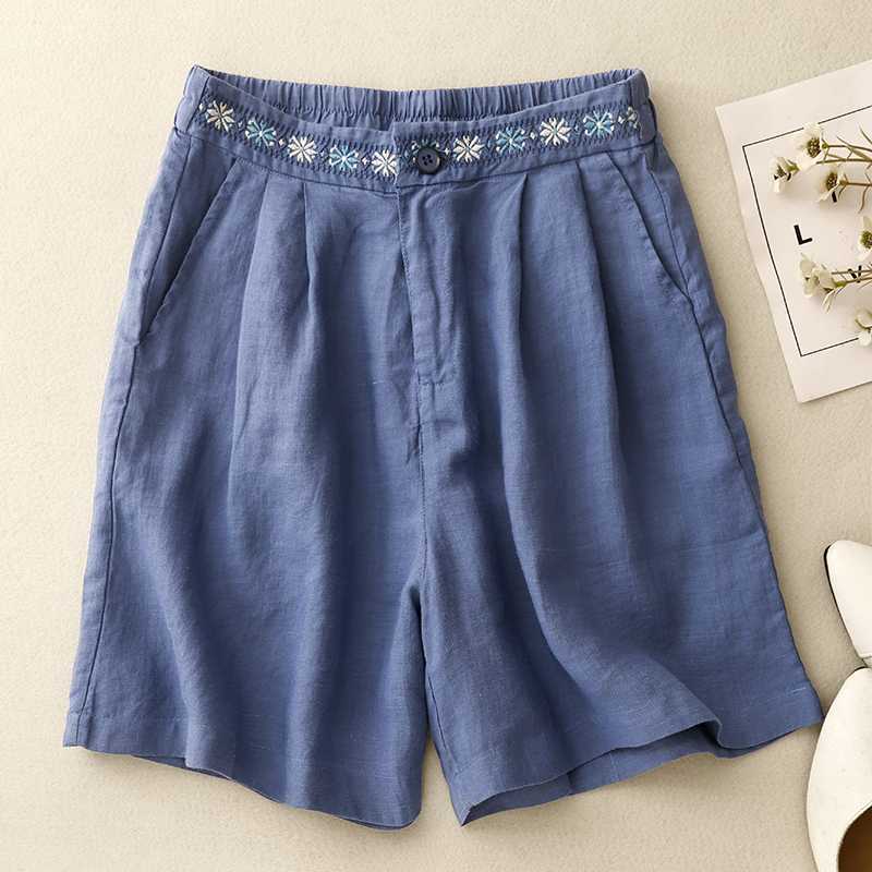 Embroidered Cotton Linen Shorts Women Summer Casual Wide Leg