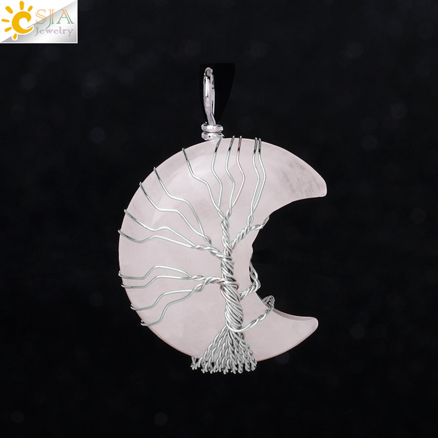 Moon Tree of Life Necklace Pendant Natural Quartz Crystal