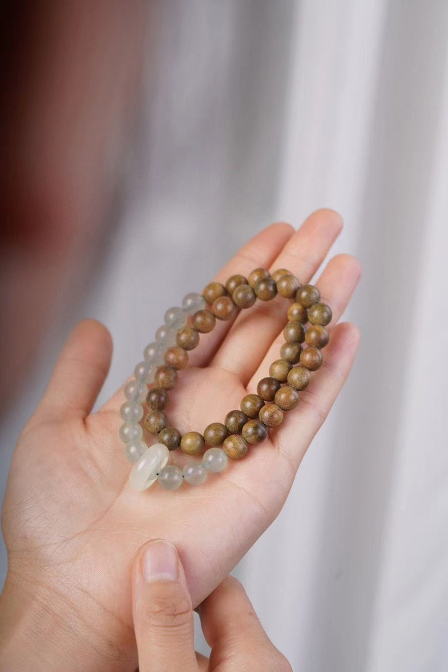 Wood and Green Stone Double Wrap Bracelet