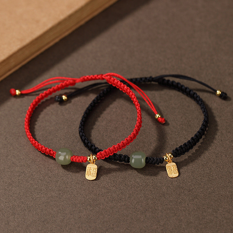 Hetian Jade Blessing Red String Bracelet with Silver-tone Accents