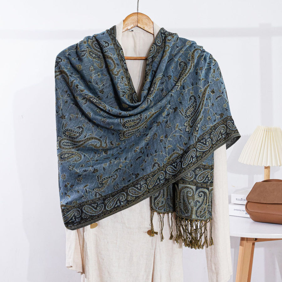 Jacquard Cashew Flower Pattern Tassel Shawl, Retro Ethnic Style Wrap