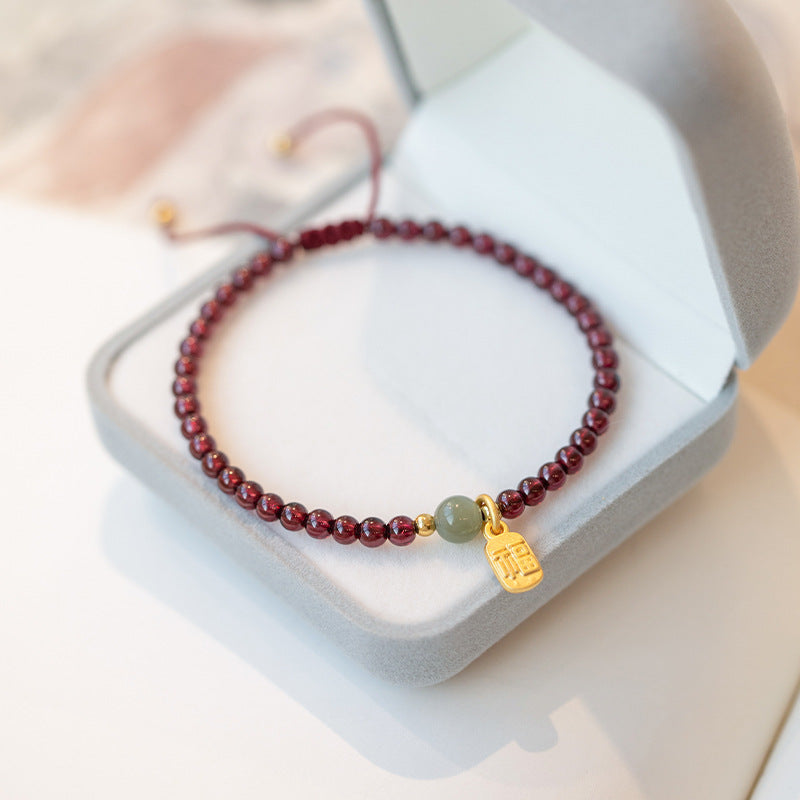 Strawberry Quartz or Garnet Bracelet with Fu Charm