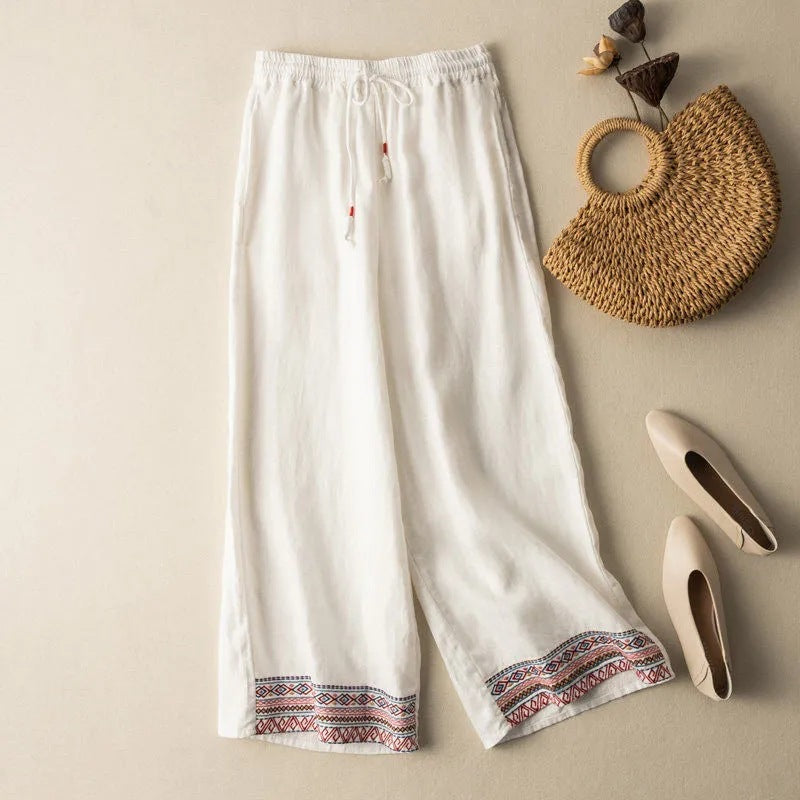 Women's Wide Leg Pants with Embroidery, High Waist Linen Trousers