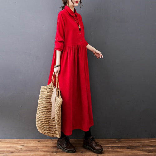 Fall Buttons Design Long Sleeve Corduroy Midi Dress With Pockets