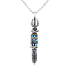 Close-up of a copper vajra pendant necklace with blue resin details on a silver chain.