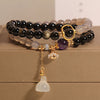 Gray Agate and Gold-tone Sheen Obsidian Double Wrap Bracelet with Lotus Charm