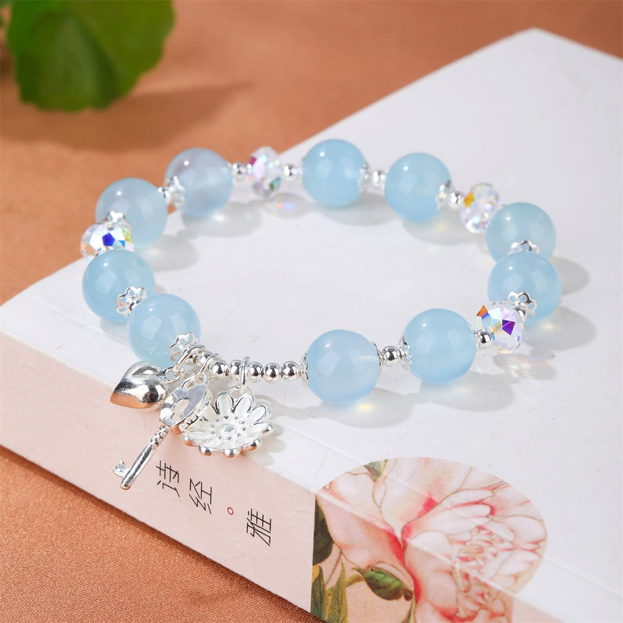 Aquamarine Daisy Charm Bracelet, Sterling Silver Key and Heart