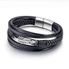 Feather Pattern Multilayer Leather Titanium Steel Calm Braided Magnetic Buckle Bracelet