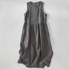 Cotton Linen Plaid Midi Dress Sleeveless Casual