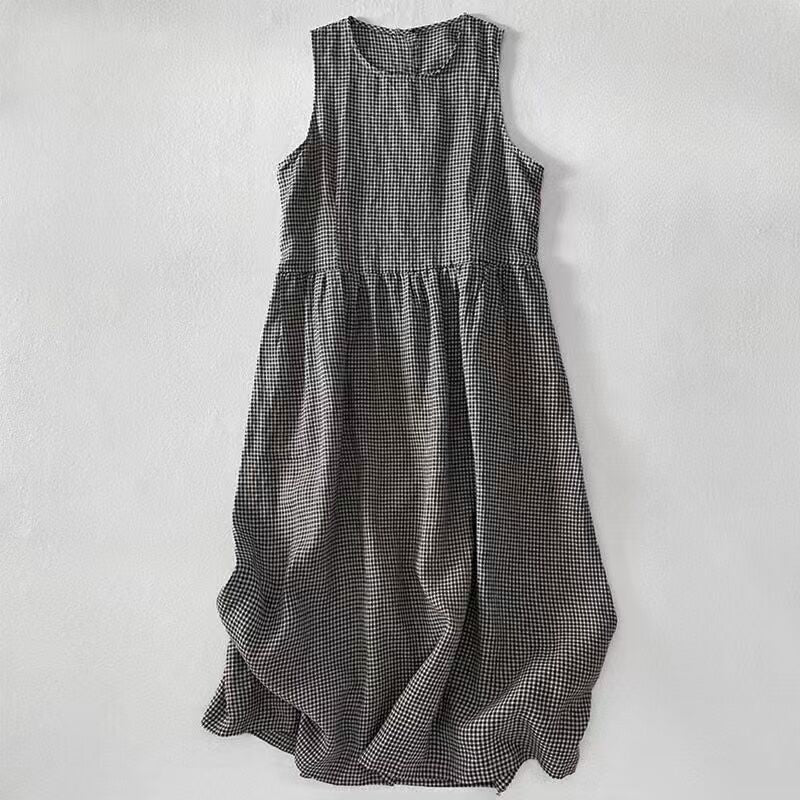 Cotton Linen Plaid Midi Dress Sleeveless Casual