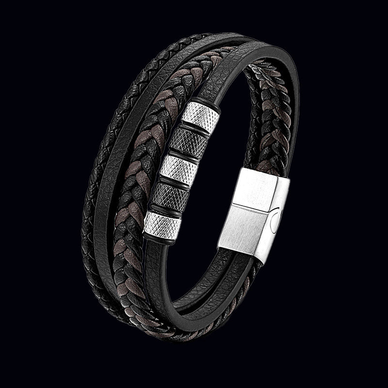 Multi-Layer Braided Leather Bracelet with Magnetic Buckle