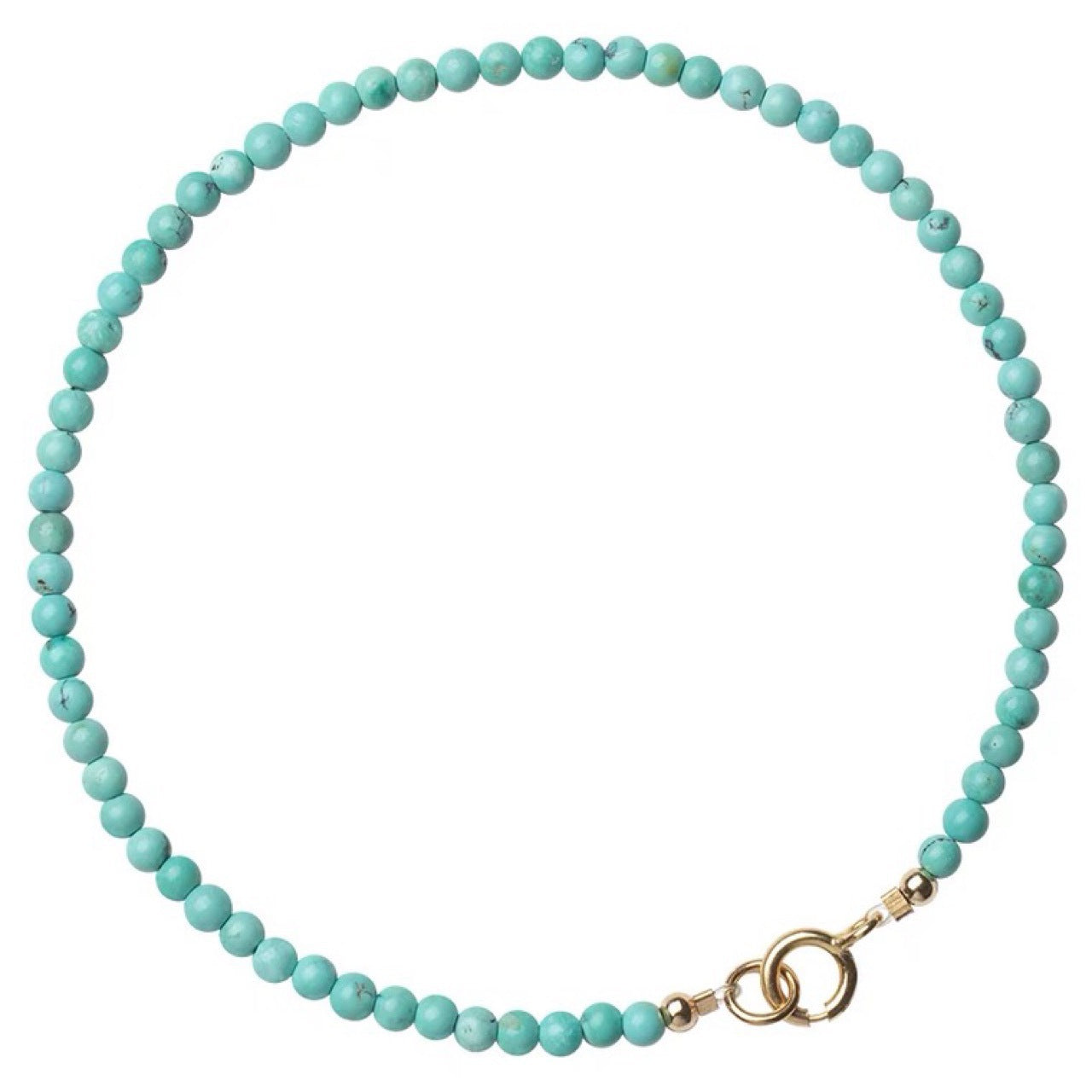 Close up of a light blue turquoise beaded bracelet with a gold clasp on a white background