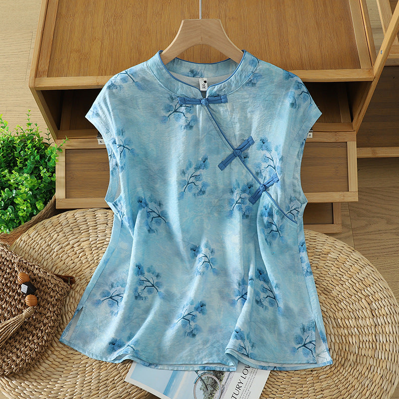 Women's Sleeveless Shirts Summer Elegant Mandarin Collar Side Slit Floral Print