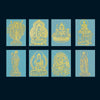 Gold-tone metal stickers featuring various Chinese Buddhist deities on a blue background.
