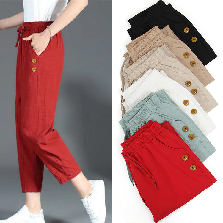 Woman wearing red linen blend cropped pants with side pockets