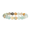 A stack of colorful round stone bracelets on a wrist