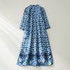 Blue Floral Print Cotton Linen Midi Dress with Pockets