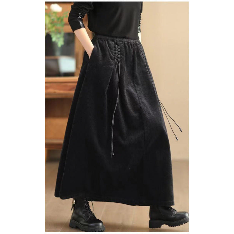 Women's Plain Corduroy 7-8 Length Skirt With Pockets