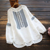White long sleeve shirt with blue ethnic embroidery on a wooden background