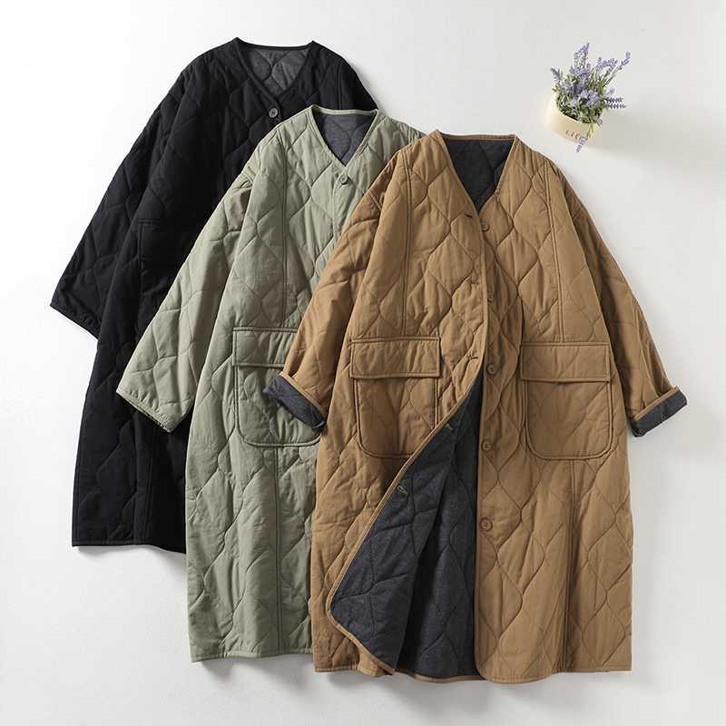 Three quilted cotton coats in black, green, and brown laid flat on a white surface