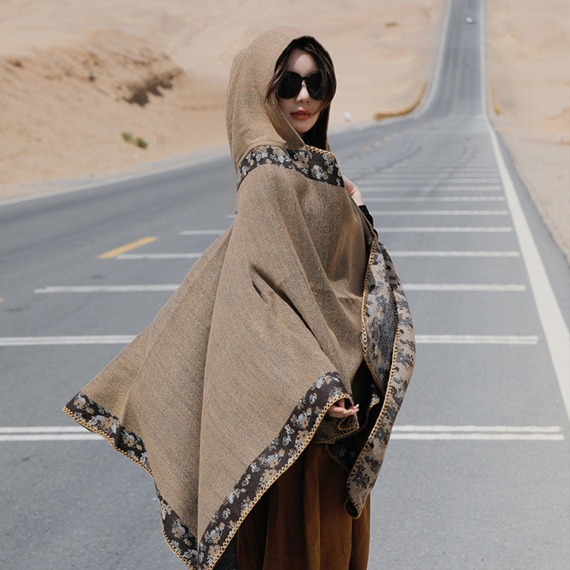 Hooded Knit Shawl Wrap, Border Travel Poncho