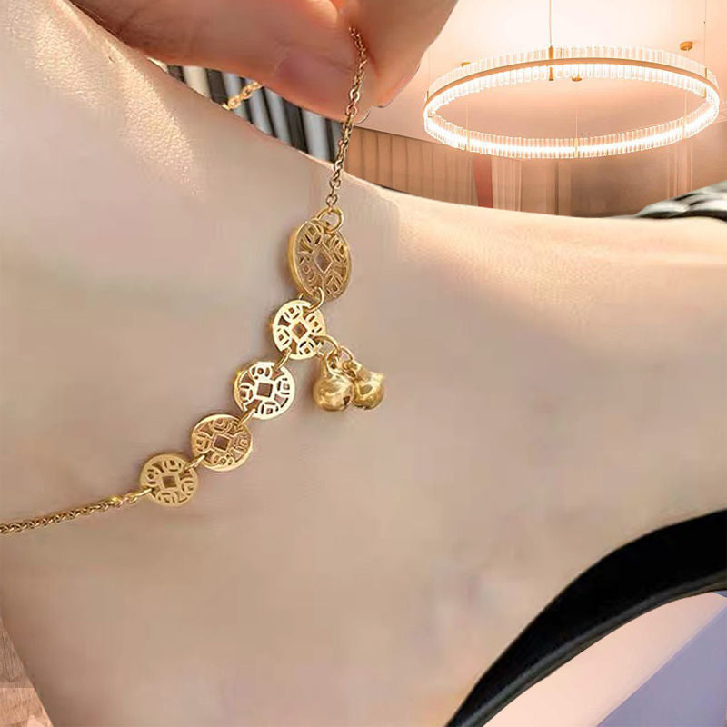 Copper Coin Bell Charm Titanium Steel Anklet