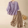 Summer Casual Flower Branches Embroidered Pattern V-Neck Half Sleeve Women's T-shirt