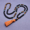 Black Agate and Tiger Eye Mala Necklace Set with Tassel