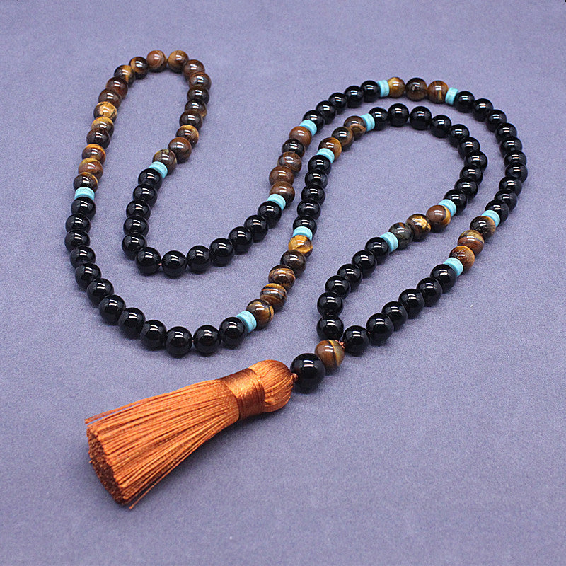 Black Agate and Tiger Eye Mala Necklace Set with Tassel