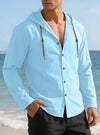 Men's Solid Color Long Sleeve Hooded Drawstring Buttons Shirt