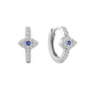 Pair of sterling silver hoop earrings with a cross shape and blue stone center