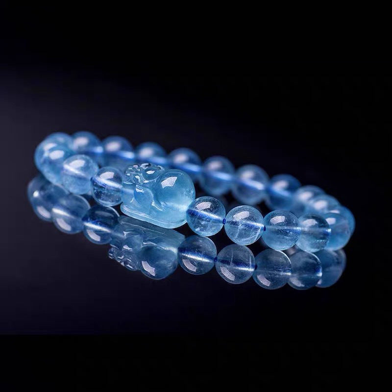 Natural Aquamarine Pixiu Bracelet, Icy Blue Beads