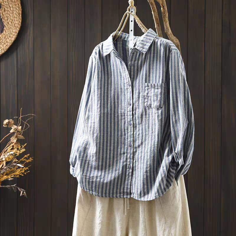 Women's Spring Vertical Stripes Long Sleeve Cotton Blend Shirt