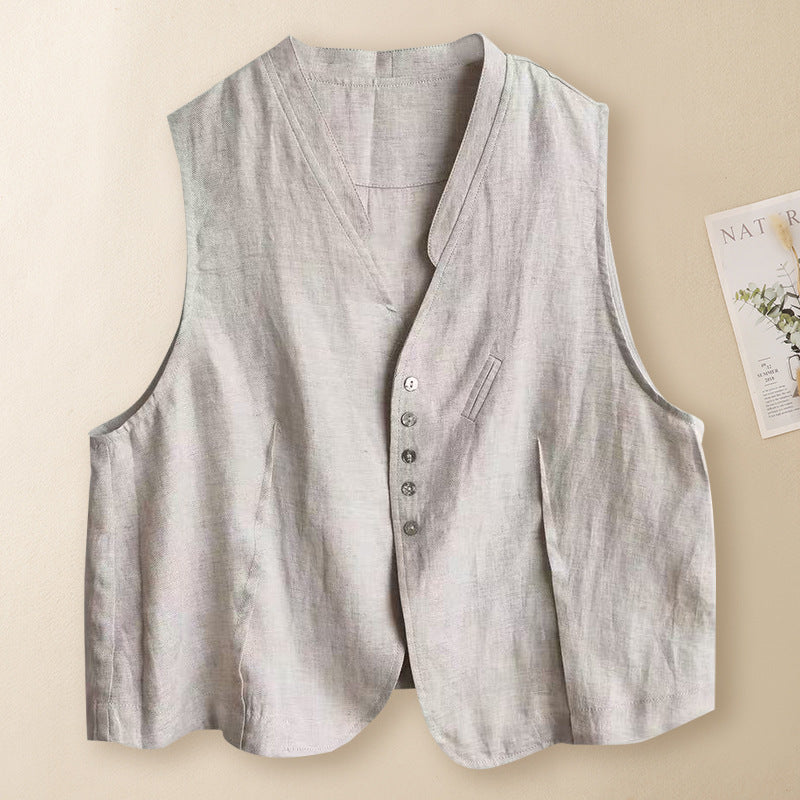 Cotton Linen Vest Women Sleeveless V-Neck Button Up Solid Casual Top