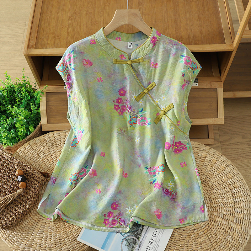 Women's Sleeveless Shirts Summer Elegant Mandarin Collar Side Slit Floral Print
