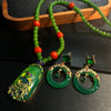Green chalcedony necklace with red beads and matching hoop earrings
