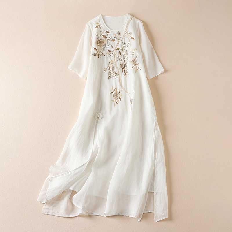 Embroidered Leaf Crew Neck Half Sleeve Fiber Midi Dress