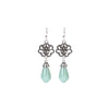 Magnolia Flower Water Drop Dangle Earrings, Silver Tone with Faux Jade
