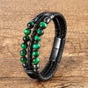 Men's Stone Bead Leather Bracelet, Stainless Steel Clasp