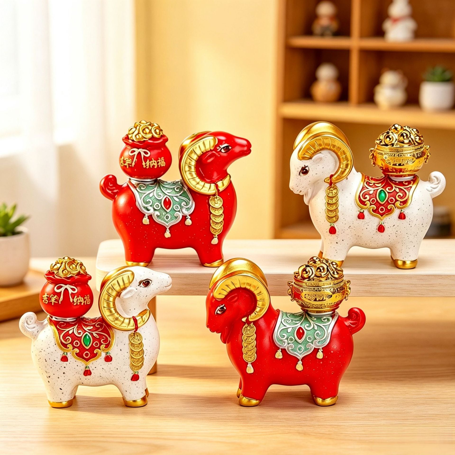 Red and white resin goat figurines with gold horns and ornaments