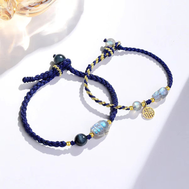 Moonstone PiXiu Blue Tiger Eye Fu Character Couple String Bracelet
