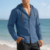 Men's Solid Color Long Sleeve Hooded Drawstring Buttons Shirt